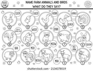 Black and white board game for children with farm animals, birds and their sounds. Countryside line boardgame.  Rural country activity or coloring page. Name the animals, say moo, baa, oink
