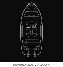 Um plano de barco preto e branco apresenta casco detalhado, cabine e elementos estruturais em um fundo escuro. O desenho técnico destaca o design preciso da embarcação com linhas limpas e intrincado.