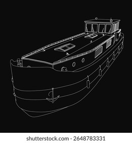 Um desenho de barco preto e branco apresenta detalhes intrincados do casco, janelas e elementos estruturais em um fundo escuro. O estilo monocromático enfatiza as linhas limpas e o sombreamento para uma impressão.
