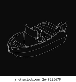 A black and white boat drawing stands out against a dark background with clean white outlines. The minimalist design focuses on the vessel's silhouette without additional details.