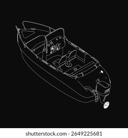 A black and white boat drawing stands out with crisp white outlines against a dark background. The minimalist design emphasizes simplicity and contrast.