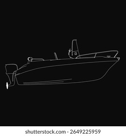 Um desenho de barco preto e branco se destaca com contornos brancos nítidos contra um fundo escuro. O design minimalista enfatiza a forma do vaso, evocando uma sensação de solidão na água.