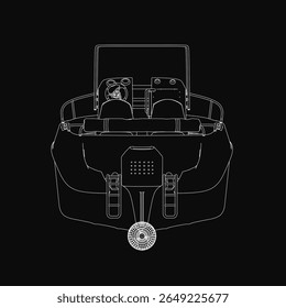 A black and white boat illustration features crisp white outlines against a dark background, emphasizing minimalist design and high contrast. The back view highlights clean lines and simplicity