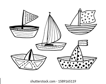 Black and white boats set isolated on white background. Vector stock illustration. Hand drawing outline ship for tattoo, coloring book, children's prints.