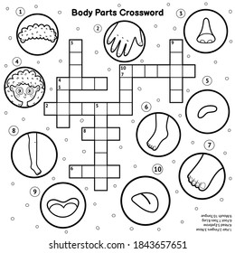 Black and white body parts crossword with hair, nose, fingers, head, eyebrow, foot, toes, mouth, tongue. My body learning activity and coloring page. Puzzle for kids. Vector illustration