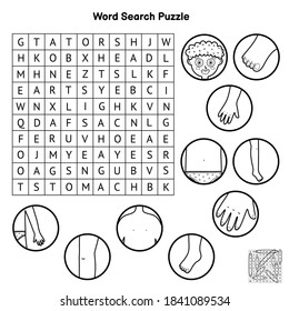 Black and white body parts word search puzzle. Colorong page and educational game for kids. Human body learning worksheet for school and preschool. Vector illustration