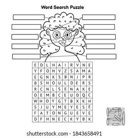 Black and white body parts word search puzzle. Colorong page and educational game for kids. Human body learning worksheet for school and preschool. Vector illustration