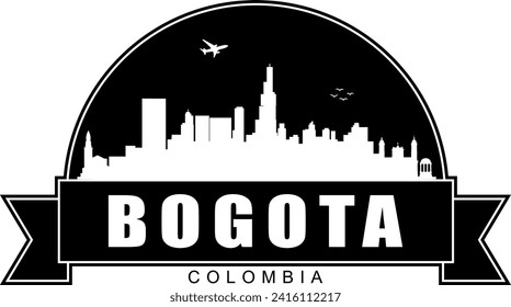 Black and white Bogota Colombia city buildings skyline negative air space silhouette dome shaped emblem with scroll banner below and name text inside. Vector eps graphic design.