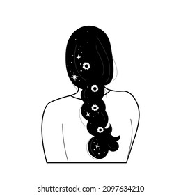 Black and white bohemian vector illustration. Magical woman with braid with flowers and stars. Mystical witch girl artwork for tattoo, print, poster. Esoteric artistic concept.