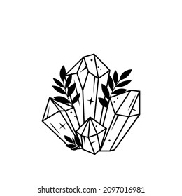 Cristales y plantas de boho en blanco y negro. Ilustración mística vectorial aislada en fondo blanco. Clipart con piedras de gema esotéricas. Arte de la línea mágica floral para tarjeta, logotipo, impresión de tela, afiche