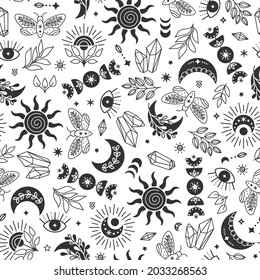 Black and white boho magic abstract seamless pattern with various shapes moon crystal floral eye and other celestial elements. Mystical ornament  for wallpaper, fabric, astrology, fortune telling