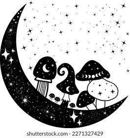 Black and white boho moon with magic mushrooms. Mystical vector illustration isolated on white background. Witch art with crescent moon. Clipart for astrology logo, tarot, print, tattoo concept.