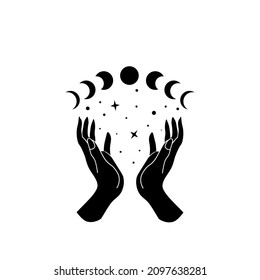 Black and white boho moon phases and elegant female hands. Mystical vector illustration isolated on white background. Esoteric artwork. Floral magic line art for card, logo, fabric print, tattoo.