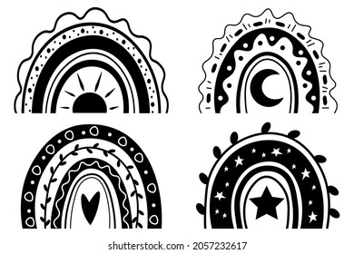 Black and white boho rainbow in hand drawn style. vector illustration isolated on white background. Element of weather, symbol of nature, esoteric objects. Rainbow with the heart and leaves.