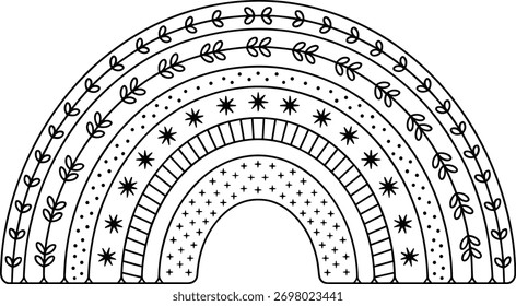 Black and white boho rainbow with leaf and star patterns