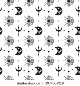 Black and white boho seamless pattern with crescent moon and stars. Bohemian modern background. Celestial wrapping paper.