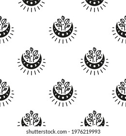 Black and white boho seamless pattern with crescent moon, moon phases, leafy twigs and starburst. Bohemian modern background. Celestial wrapping paper.