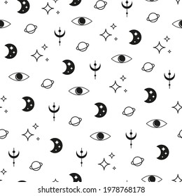 Black and white boho seamless pattern with crescent moon, third eye, planet and stars. Bohemian modern background. Celestial wrapping paper.