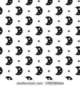 Black and white boho seamless pattern with crescent moon and stars. Bohemian modern background. Celestial wrapping paper.