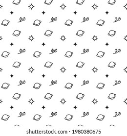 Black and white boho seamless pattern with outline planets, leafy twigs and stars. Bohemian modern background. Celestial wrapping paper.