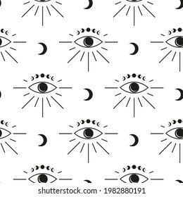 Black and white boho seamless pattern with crescents, third eye, moon phases and starburst. Bohemian modern background. Celestial wrapping paper.