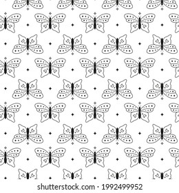 Black and white boho seamless pattern with outline butterflies and stars. Bohemian modern background. Celestial wrapping paper.
