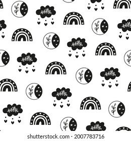 Black and white boho seamless pattern with rainbows, crescent moon and lovely clouds. Bohemian modern background. Celestial wrapping paper.