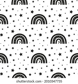 Black and white boho seamless pattern with rainbows, crescent moon and stars. Bohemian modern background. Celestial wrapping paper.