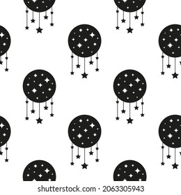 Black and white boho seamless pattern with full moon and stars. Bohemian modern background. Celestial wrapping paper.