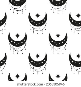 Black and white boho seamless pattern with crescent moon and stars. Bohemian modern background. Celestial wrapping paper.