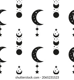 Black and white boho seamless pattern with crescents, moon phases and stars. Bohemian modern background. Celestial wrapping paper.