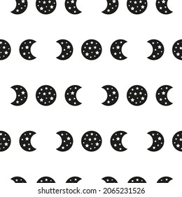 Black and white boho seamless pattern with moon phases and stars. Bohemian modern background. Celestial wrapping paper.