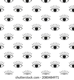 Black and white boho seamless pattern with seeing eyes. Bohemian modern background. Celestial wrapping paper.