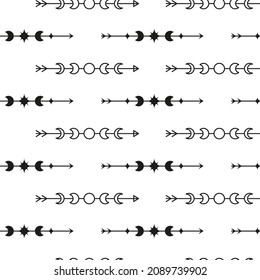 Black and white boho seamless pattern with arrows, moon phases. Bohemian modern background. Celestial wrapping paper.