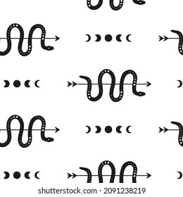 Black and white boho seamless pattern with arrows, moon phases, snakes. Bohemian modern background. Celestial wrapping paper.