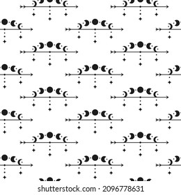 Black and white boho seamless pattern with arrows, moon phases, stars. Bohemian modern background. Celestial wrapping paper.