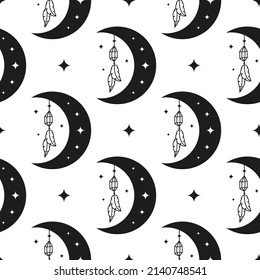 Black and white boho seamless pattern with crescents, crystals and feathers. Bohemian modern background. Celestial wrapping paper.