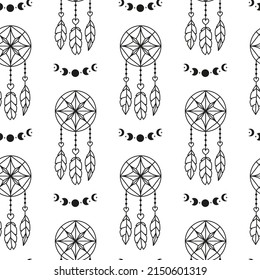 Black and white boho seamless pattern with dreamcatchers, moon phases and feathers. Bohemian modern background. Celestial wrapping paper.