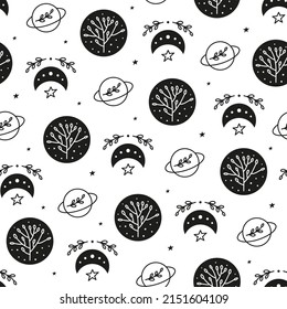 Black and white boho seamless pattern with planets and moon. Bohemian modern background. Celestial wrapping paper.