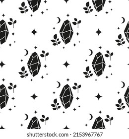 Black and white boho seamless pattern with crystals, leaves and stars. Bohemian modern background. Celestial wrapping paper.