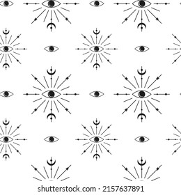 Black and white boho seamless pattern with seeing eyes, crescent moon and lines. Bohemian modern background. Celestial wrapping paper.