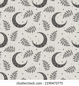 Black and white boho seamless pattern with crescent, stars and fern. Bohemian modern background. Celestial wrapping paper.