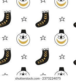Black and white boho seamless pattern with Christmas balls, socks, moon phases and stars. Celestial New year background.