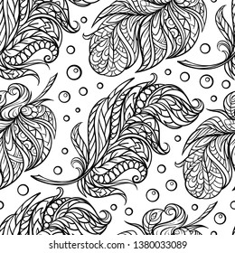 Black and white boho style feathers vector seamless pattern
