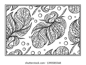 Black and white boho style feathers coloring page