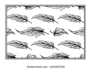 Black and white boho style feathers antistress coloring page