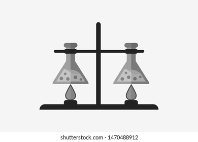 Black and white boiled chemical reagents in clamped flasks vector.