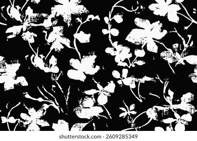 Black white bold grunge flower, vintage seamless bloom brush sketch floral hand fabric pattern cloth draw canvas textile repeat blur texture scatter ornament motion ethnic fashion print soft abstract