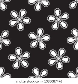 Black and white bold line floral pattern. Allover vector design for fabric, apparel textile, adult colouring book, interior, wallpaper, phone case. Seamless trendy monochrome five petals flower