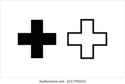 Black and white bold plus sign icons design. Solid and outline black cross symbols on white background.